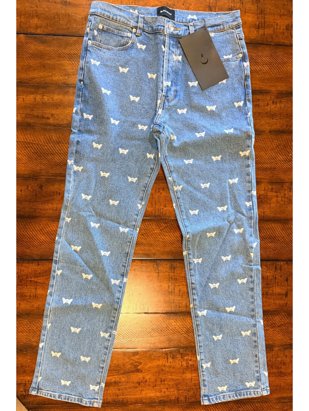 Black Scale Skull Butterfly Denim Jeans Blue Men's 32 NWT Button Fly Stretch